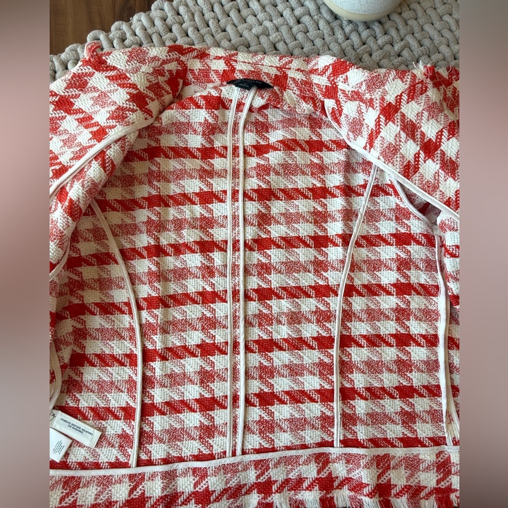 Ann Taylor | Houndstooth Tweed Fringe Full-Zip Blazer Deep Orange/White | MP - Picture 10 of 16